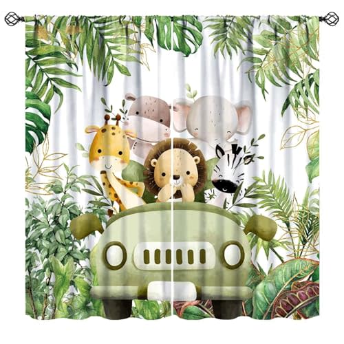 Jungle Safari Curtains for Baby, Safari Animals Tropical Natural Green Plants Branches Leaves Floral Print Window Treatments for Kids Boys Bedroom Nursery, 42x45in (No Blackout)