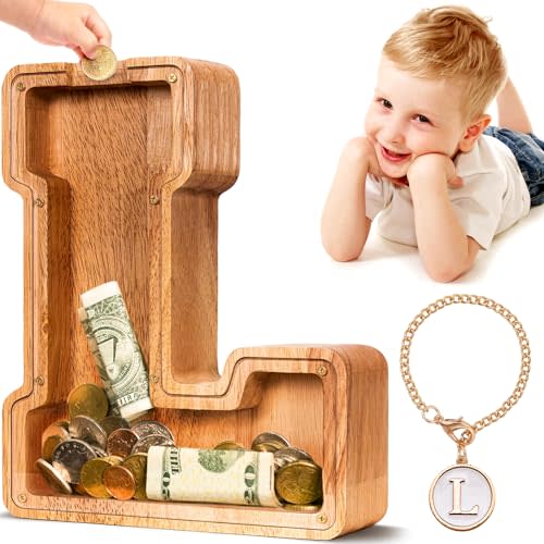 SummiDate Wooden Letter Piggy Bank for Kids| Piggy Bank for Boys Girls Toddler| Alphabet L Money Bank| Personalized Initial Wood Coin Bank Birthday for Kids (L) | Kids Lockable Money Box for Saving, Large Reusable Savings Bank for Children, Birthday Gi...