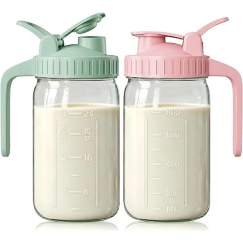32 oz Breast Milk Pitcher, Glass Mason Jar Pitcher with Lid | Airtight, Leak Proof, Wide Mouth, Pour Spout Lid, Thick Glass, Fridge Safe, Ergonomic Handle, Easy to Clean