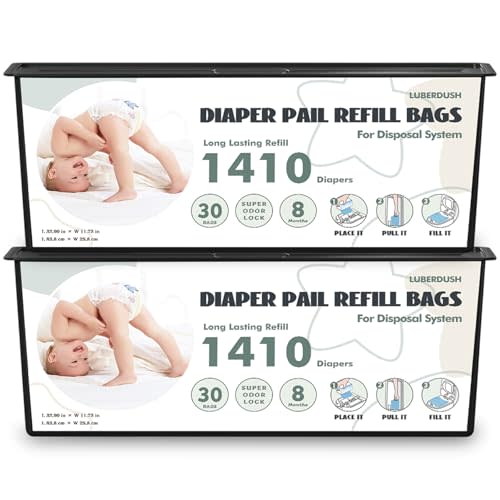Diaper Pail Refill Bags - Compatible with Genie Easy Roll Signature & Platinum Pails | Each 30 Bags Holds Up to 1410 Newborn Diapers | 7-Layer OdorLock Technology | 2 Pack(60 Bags)