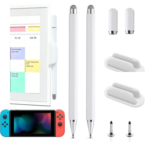 2Pcs Stylus and Mount for Skylight Calendars 15/27 Inch/Nintendo Switch 2/Switch Lite, 2in1 Dual Tip Pen for Skylight Calendar Accessories Magnetic Suction Pen Cap (2*Stylus+Holder White)
