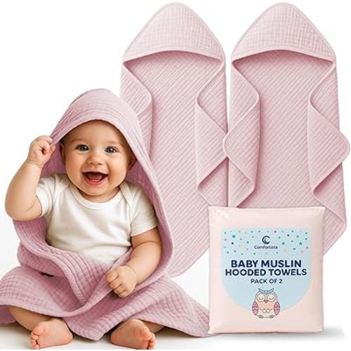 Muslin Hooded Baby Towels Set of 2 Pink Baby Bath Towel 32x32 Inches Ultra Soft, Absorbent, Quick Dry, Gentle on Newborn Skin, Perfect, No Shrink, Fits Infants & Toddlers