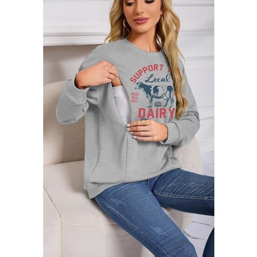 ASTANFY Maternity Nursing Sweatshirts for Breastfeeding Women Friendly Zipper Nursing Sweatshirt Mama Breast Feeding Sweater