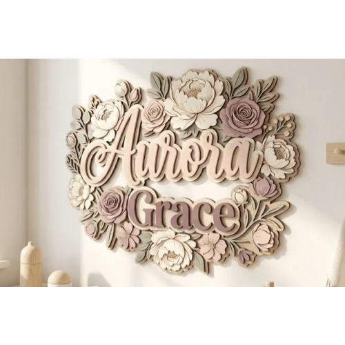 Custom Floral Nursery Name Sign,3D Layered Wood Peony and Rose Wall Decor, Baby Girl Name Plate, Vintage Boho Nursery Art, Nursery Room Decor
