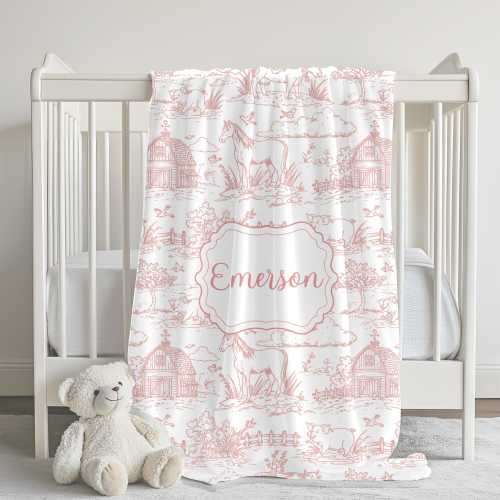 Personalized Toile baby blanket Farm toile nursery decor Custom baby girl shower gift Newborn Christmas gift First birthday gift Pink toile