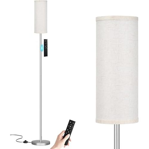 Ambimall 64'' Floor Lamps for Living Room with Remote Control and Stepless Dimmable Colors Temperature & Brightness, 9W Bulb Included(Beige Lampshade & Silver Pole)