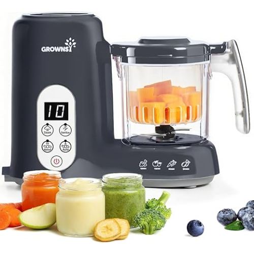 Grownsy Baby Food Maker with Steam Basket, One Step Baby Food Processor Steamer Puree Blender Grinder Mills Machine, Auto Cooking Grinding and Sterili-zing for Healthy Homemade Baby Food, Dark Grey