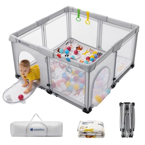 Foldable Baby Playpen with Mat, Foldable Playpen for Babies and Toddlers,Folding Portable Kids Play Pen, Collapsible Play Yard with 4 Handles,Indoor & Outdoor Baby Play Area with Breathable Mesh