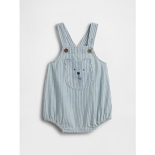 Baby Denim Stripe Bear Pocket Bubble Overalls