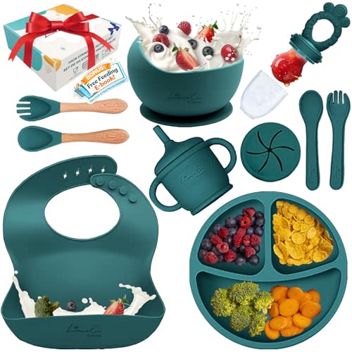Silicone Baby Feeding Set, 10 Pcs Baby Led Weaning Supplies | BPA-Free Baby Dishes with Toddler Plates and Bowls Set, Silicone Bib, Suction Cup, Baby Spoons & Forks | Empower Independence – Green
