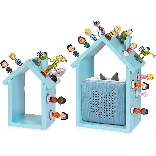 for Tonies Shelf Magnetic - for Tonies Figure Organizer Kids Room, Wooden Display Shelf for Tonies Box Holder, Wall Floating Shelves Toy Storage, House Shape Set of 2 with 38Pcs Adhesive Metal (Blue)