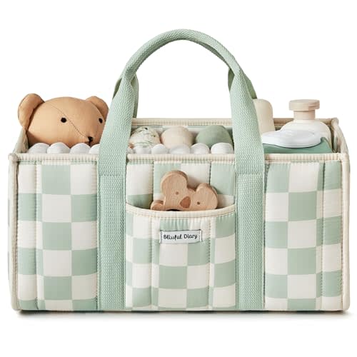 Blissful Diary Checkered Diaper Caddy Organizer, Stylish Nursery Storage Basket, Gift for Baby Shower, Newborn Essentials, Registry Search Must Haves, Sage Green