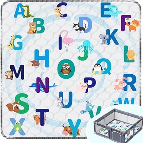 Baby Play Mat，Thick Soft 50" X 50" Playpen mat, Non-Slip and Machine Washable Baby Play Mats for Floor，Crawling Mat for Babies, Toddlers & Infants to Play and Learn (Animal Alphabet)
