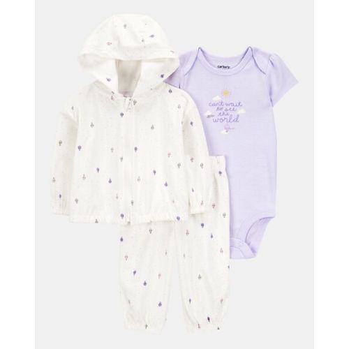 Cotton Girl 3-Piece Air Balloon Print Little Cardigan Set - White/Purple - Carter's