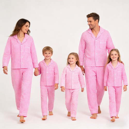 Family Matching Plaid Pajama Set Lapel Neck Button up Long Sleeve Top Long Pants Loungewear