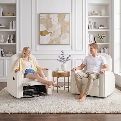 Nursery Rocking Chairs of 2, Oversized 360° Swivel Glider Recliner Chair, Chenille Nursery Glider with Tufted Backrest and Footrest, Comfy Reclining Chair for Living Room, Bedroom, Nursing, Beige