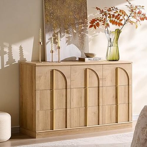 ACCOHOHO Arched Dresser for Bedroom with 9 Drawers, 52" Wide Modern Chest of Drawers with Rounded Edge & Metal Handles, Wood Storage Closet Dressers TV Stand for Living Room, Hallway, Natural Oak