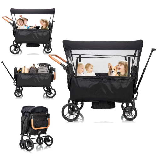 Funyard Wagon Stroller for 4 Kids Lightweight Folding Baby stroller & with 5-Point Harness,Adjustable Handle Bar and Canopy,Footwells,Tray Table,Cup Holder