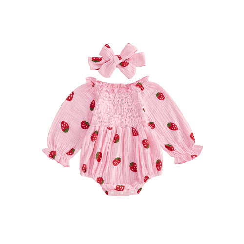 aturustex Toddler Baby Girls One piece Bubble Romper 0 6M 12M 18M 24M Infant Long Sleeve Bodysuits Strawberry Print Crew Neck Jumpsuits with Headband ashion Cute Casual Spring Autumn Clothes