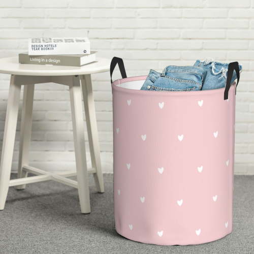 YFYANG Waterproof Laundry Hamper, Pink Heart Pattern Laundry Basket Oxford Fabric with Handle Foldable, M