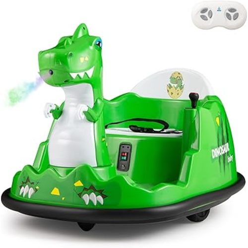 Costzon Bumper Car, 12V Ride on Bumping Toy with Remote Control, Spray, Colorful Flashing Lights & 360° Spin, Electric Bumper Cars for Toddlers Kids Boys & Girls Aged 2-5, Dinosaur, Green