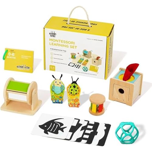 Montessori Toys for Babies 0-6 Months - 6-in-1 Educational Sensory Development Kit with Rolling Bell, Magic Tissue Box, Spinning Drum & More