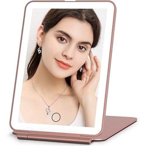 FUNTOUCH Rechargeable Travel Makeup Mirror with 72 Led Lights, Portable Lighted Beauty Mirror, 3 Color Lighting, Dimmable Touch Screen, Tabletop LED Folding Cosmetic Vanity Mirror