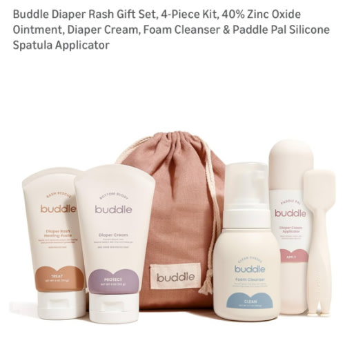 Buddle Diaper Rash Gift Set, 4-Piece Kit, 40% Zinc Oxide Ointment, Diaper Cream, Foam Cleanser & Paddle Pal Silicone Spatula Applicator