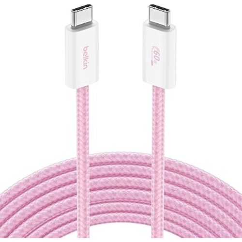 Belkin USB C to USB C Cable, 9.9ft, 60W - Type C Charger, iPhone Charger Cord, Soft, Braided, Flexible for iPhone 17, Galaxy S25, Pixel 10, Airpods, iPad Pro, Table & More, Travel Essentials - Pink