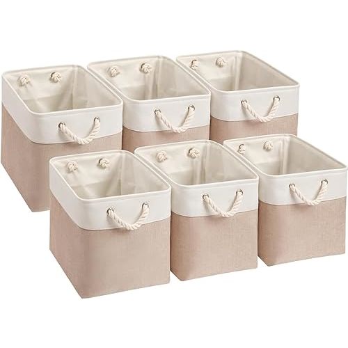 Mangata Canvas Storage Boxes, 11 Inch Cube Storage Bins Set of 6, Fabric Baskets with Cotton Rope Handle for Organizing Clothes Nursery Home (Khaki/White)