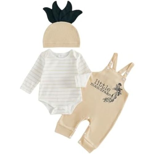 Newborn Baby Boy Fall Outfit Long Sleeve Striped Romper Top Letters Embroidery Waffle Knit Overalls Pants Hat Set