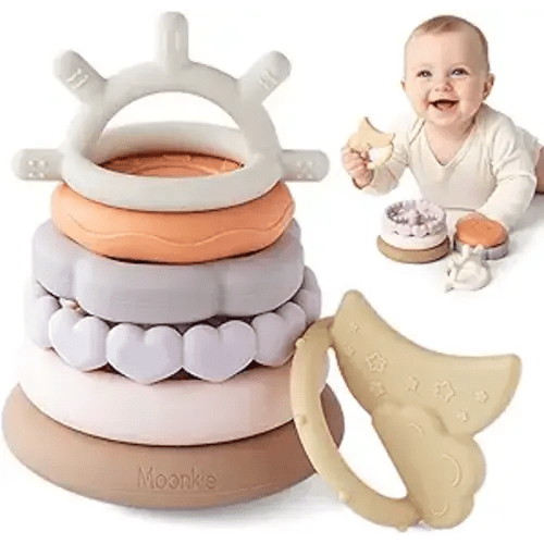 Moonkie Stacks of Circles Soft Teething Toy | Educational Learning Baby Toy | Stacking Ring Toys for Babies Boy and Girl | 7 Piece Teethers Set (Nature)