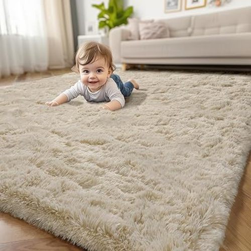Amdrebio Beige Area Rugs for Bedroom Kids Room, Fluffy Plush Shaggy Furry Fuzzy Rug 4x6 for Living Room Decor Aesthetic, Soft Cute Shag Neutral Tan Carpet for Teens Baby Nursery Playroom Preppy Dorm