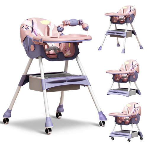 HDUTNGISN 4-in-1 Foldable Baby High Chair with 5-Point Harness, Double Plates & Toy Rack, Purple