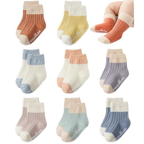 8 Pairs Baby Girls Boys Non Slip Socks Little Kids Ankle Sock Anti Skid Crew Sock with Grips Toddler Cotton Socks