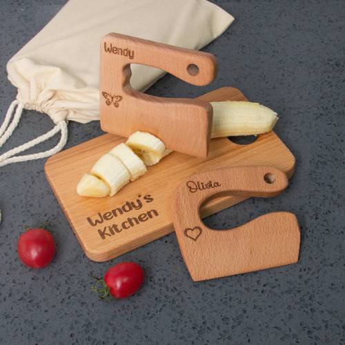 Engraved Wooden Kids Knife and Cutting Board: Montessori Kitchen Toy