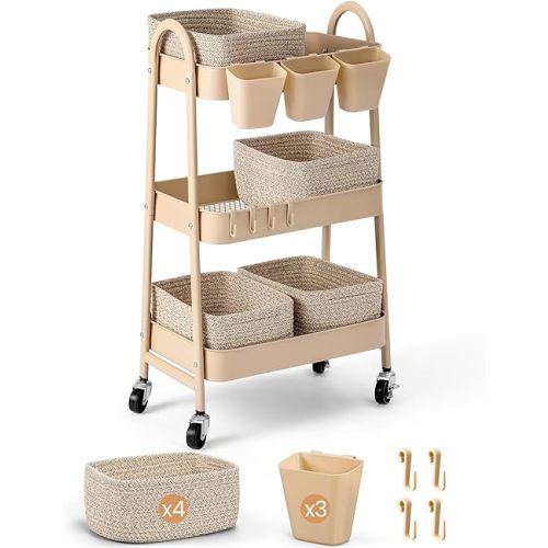 3-Tier Rolling Utility Cart with 4 Woven Baskets, Diaper Book Snack Cart, Storage Organizer for Nursery, Kitchen, Craft Room, Home SPA, Living Room, Metal Frame Trolley on Lockable Wheels, Brown