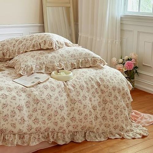 BuLuTu Muslin Duvet Cover Full for Kids Adults Elegant Pink Floral Duvet Covers with Ruffles Soft Breathable Comforter Cover Quilted Cover for Women Girls, 79"x90", No Pillow Cases