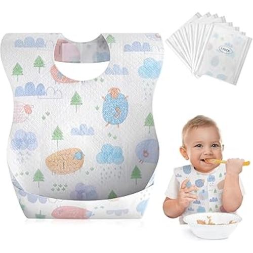 Babebay Disposable Bibs, 30 pcs Individually Packaged with Catcher and Leakproof Liner for Toddler Feeding, Baby Travel Essential, Graffiti Sheep