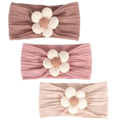 MIUXUESO 3 Pcs Baby Flower Headbands Baby Girls Nylon Headband Soft Hairbands Hair Accessories for Newborn Infant Toddler Kids (Beige Pink Khaki)