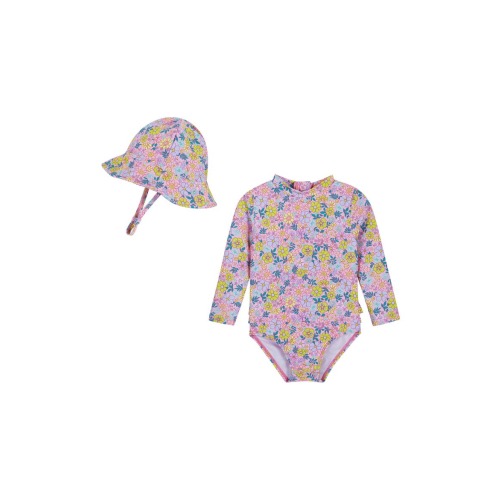 Long Sleeve One-Piece Rashguard Swimsuit & Sun Hat Set