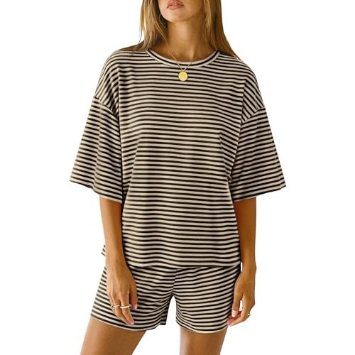 LOMON Two Piece Sets for Women Summer 3/4 Sleeve Tops and Elastic Waist Shorts Pajamas Cute Comfy Soft Lounge Striped Pjs