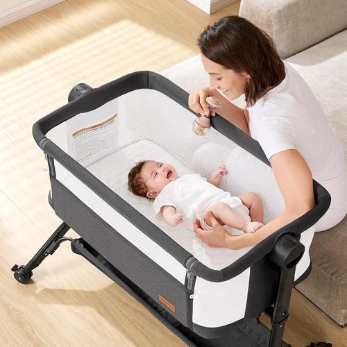 Bassinet Bedside Sleeper - All-Mesh Design, Portable Bedside Bassinet for Baby with Washable Mattress, 5 Adjustable Heights（Beige）