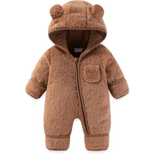 WAJMUYUCH Newborn Baby Bear Outfit Girls Boys Winter Fleece Clothes Hooded Romper Snowsuit Long Sleeve Onesie Outwear Brown
