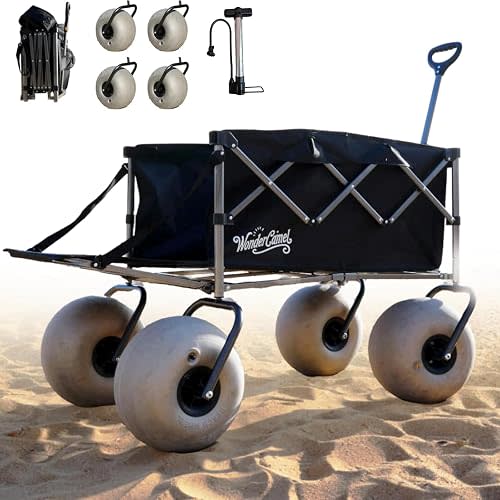 Beach Wagon with 13" Balloon Wheels - Extended Tailgate for Extra Space & Easy Access - 300 lb Heavy Duty Folding Cart with Big Wheels for Sand (Black)