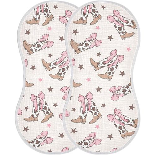 Bows Cowgirl Boots Western Burp Cloths Baby Boys Girls Absorbent Soft Cotton Burping Cloths Rags, 2 Pack