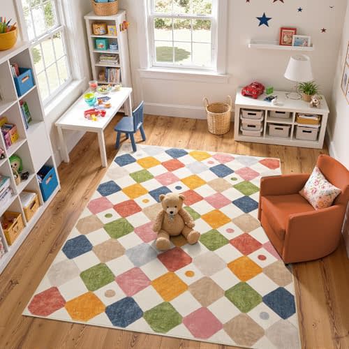 jinchan 6x9 Classroom Rug Washable Kids Area Rug Colorful Playroom Mat | Soft, Non-Slip, Cute, Kid-Friendly, Checkered Diamond Design, Cream Background, Nursery, Living Room, Bedroom, Dorm, Daycare