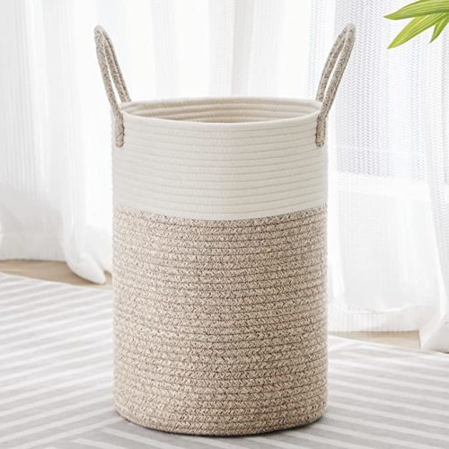 VIPOSCO Tall Laundry Hamper, Woven Rope Storage Basket for Blanket, Toys, Dirty Clothes in Living Room, Bathroom, Bedroom - 30L White & Brown