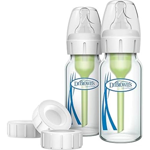 Dr. Brown's Natural Flow Anti-Colic Options+ Narrow Glass Baby Bottle 4 oz/120 mL & Travel and Storage Baby Bottle Caps for Natural Flow and Options+ Baby Bottles - 3-Pack