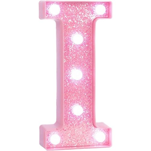 Pink Marquee Light Up Letters, Glitter Alphabet LED Letter Lights for Pink Birthday Party Decorations, Battery Operated Letter Sign for Girls Room Vanity Table Decor, Cool White Lights Letter I